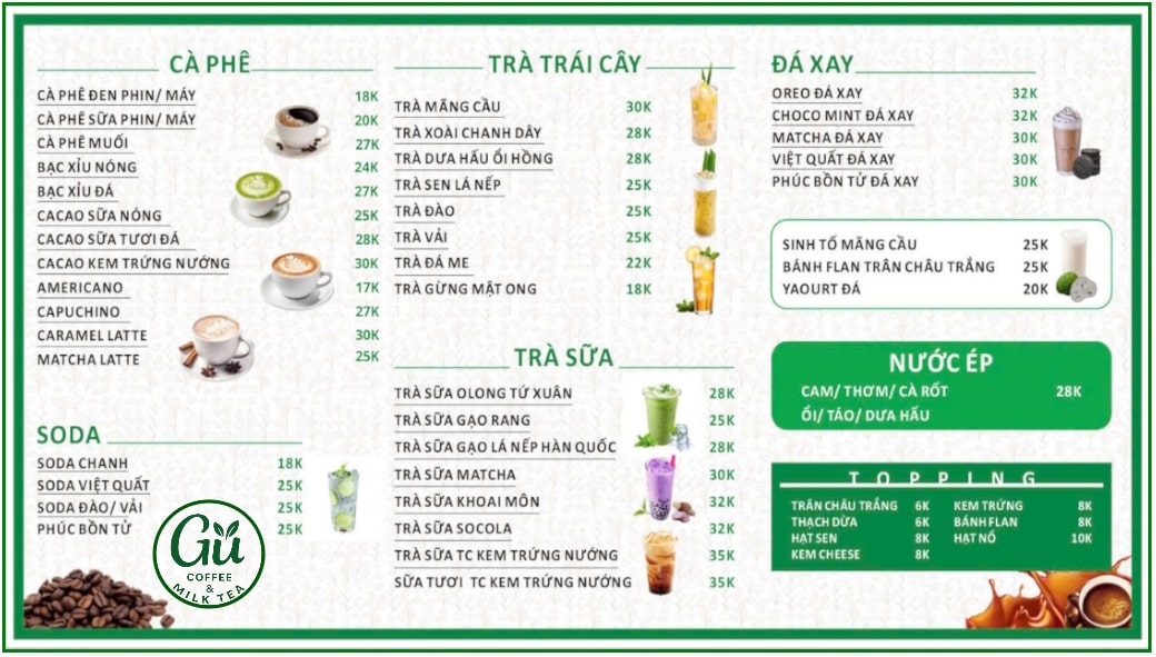 menu quán cafe Gu Đà Lạt