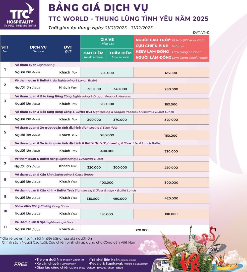 giá vé Thung lũng Tình yêu Đà Lạt năm 2025